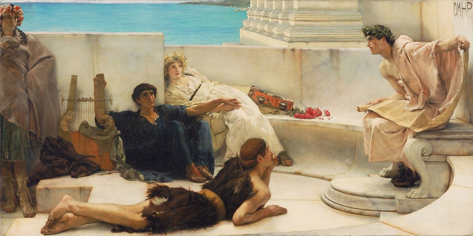 A Reading from Homer by Lawrence Alma-Tadema (1885): a laurelled performer recites Homer aloud to rapt listeners on a marble terrace by the sea