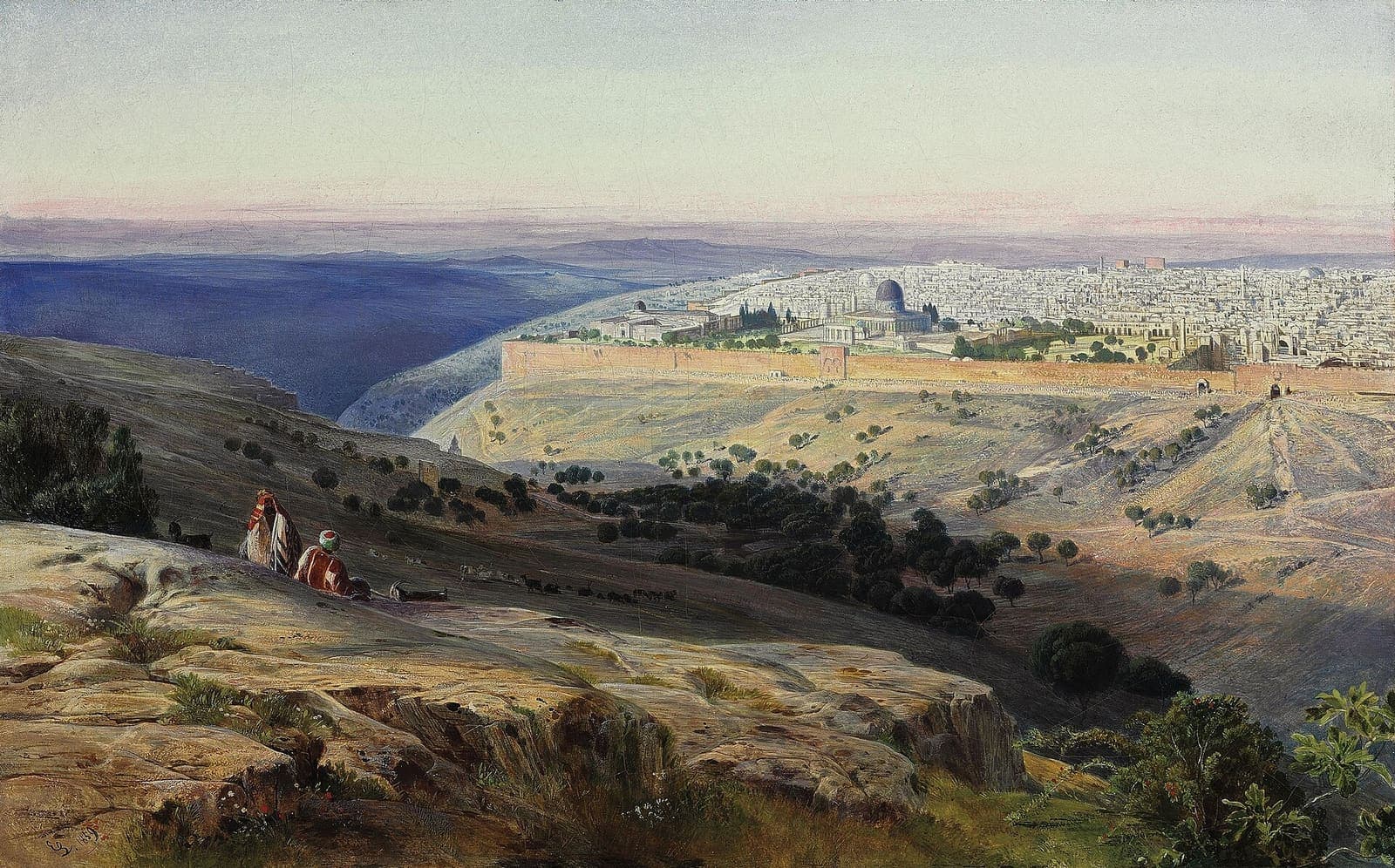 Jerusalem from the Mount of Olives, Sunrise by Edward Lear (1859): the walled city and the Dome of the Rock in early light across the Kidron Valley, with two seated figures and olive trees on the rocky slope in the foreground