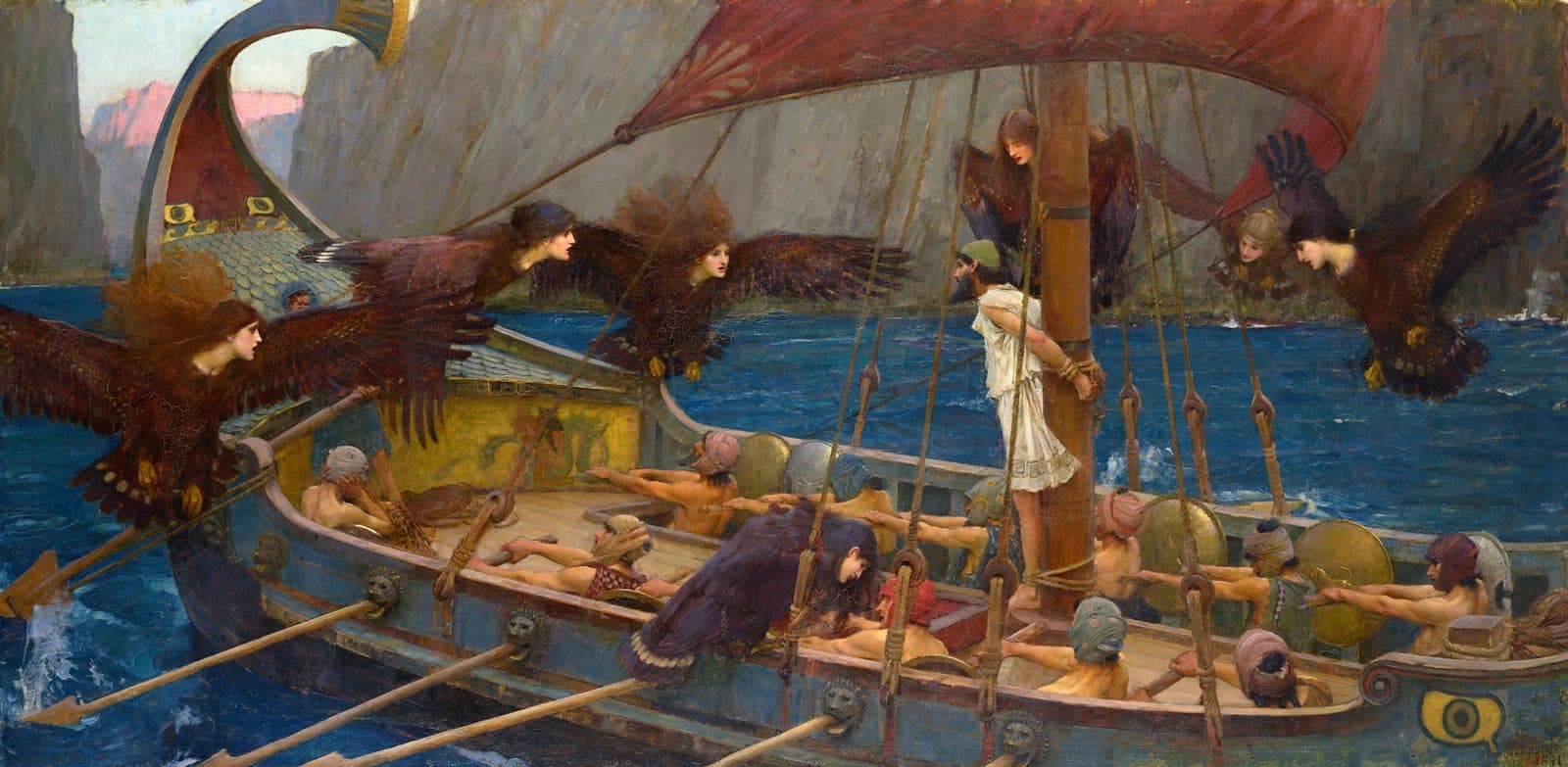Ulysses and the Sirens by John William Waterhouse (1891): Odysseus bound to the mast of his ship while winged sirens circle the crew